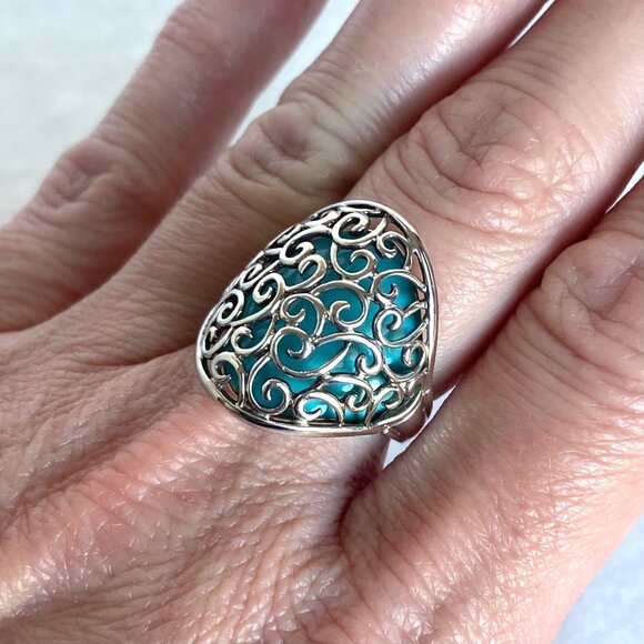 Ross-Simons Sterling Silver Blue Enamel Filigree Scrollwork Band Ring Sz 6.75 - Picture 3 of 16